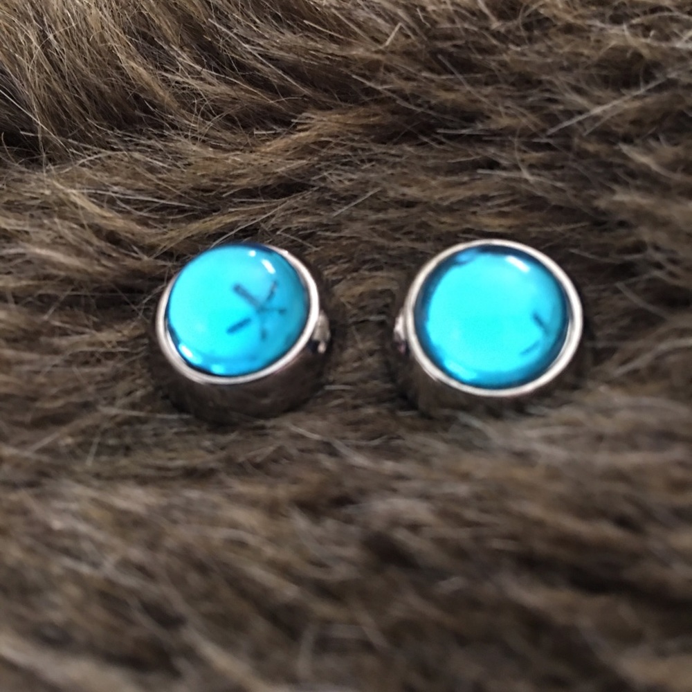 Vintage blue glass cabochon mirror finish earrings